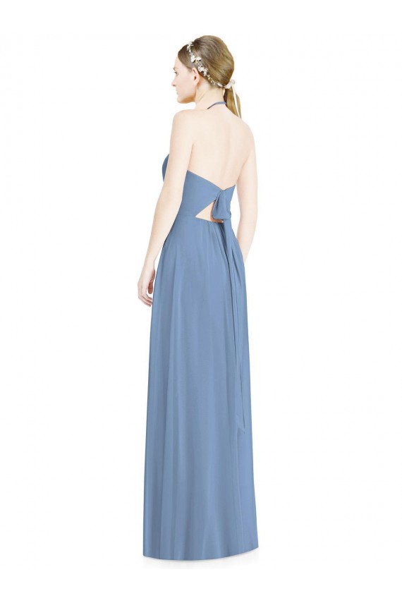 Sleeveless Halter Neck Chiffon Dusty Blue Long Floor Length Bridesmaid Dress Bath