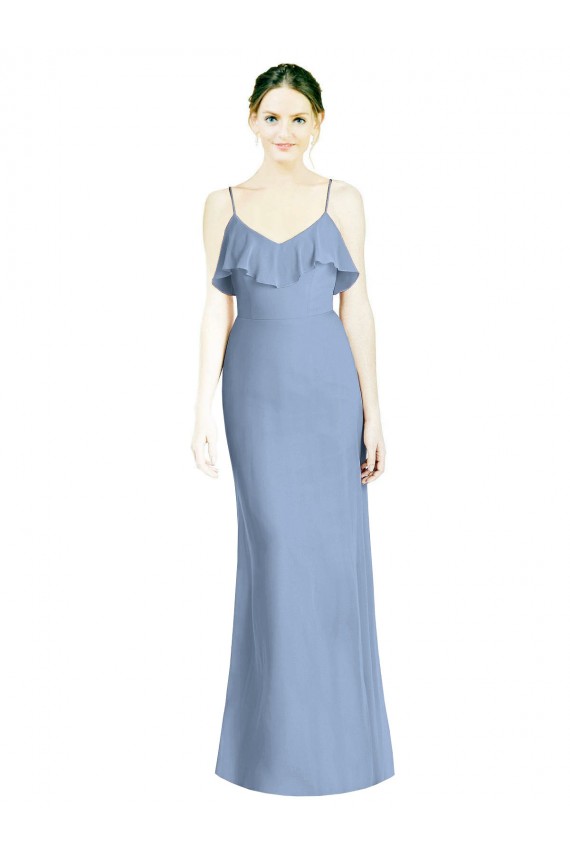 Sleeveless V-Neck Soft Chiffon Dusty Blue Long Bridesmaid Dresses Bath
