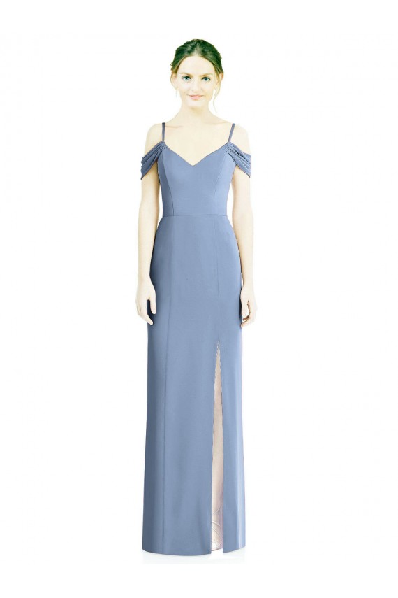 Cold Shoulder Jewel Soft Chiffon Dusty Blue Long Formal Evening Gown / Bridesmaid Dress Bath