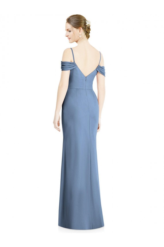 Cold Shoulder Jewel Soft Chiffon Dusty Blue Long Formal Evening Gown / Bridesmaid Dress Bath