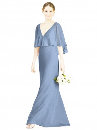 Sleeveless V-Neck Soft Chiffon Dusty Blue Trumpet Long Bridesmaid Dress Bath