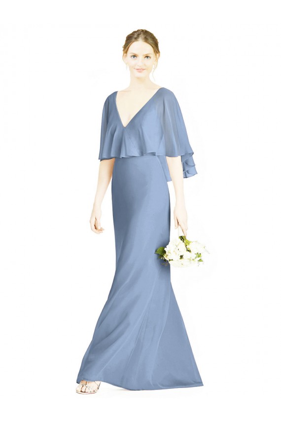 Sleeveless V-Neck Soft Chiffon Dusty Blue Trumpet Long Bridesmaid Dress Bath