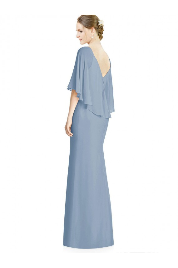 Sleeveless V-Neck Soft Chiffon Dusty Blue Trumpet Long Bridesmaid Dress Bath
