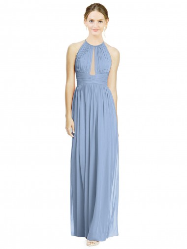 Sleeveless Halter Neck Chiffon Dusty Blue Long Wedding Party Dress Bath