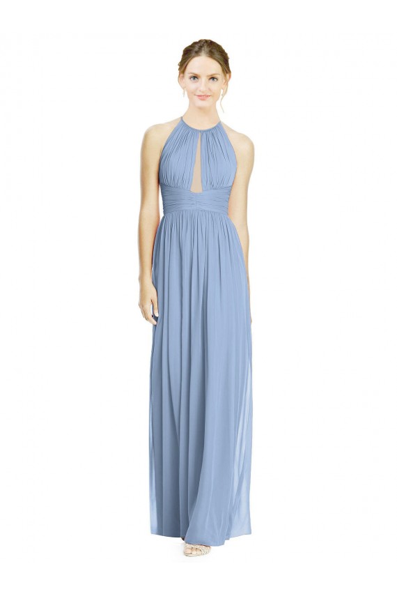 Sleeveless Halter Neck Chiffon Dusty Blue Long Wedding Party Dress Bath