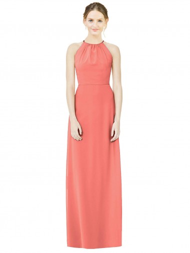 Sleeveless Halter Neck Soft Chiffon Coral Long Bridesmaid Dress Bath