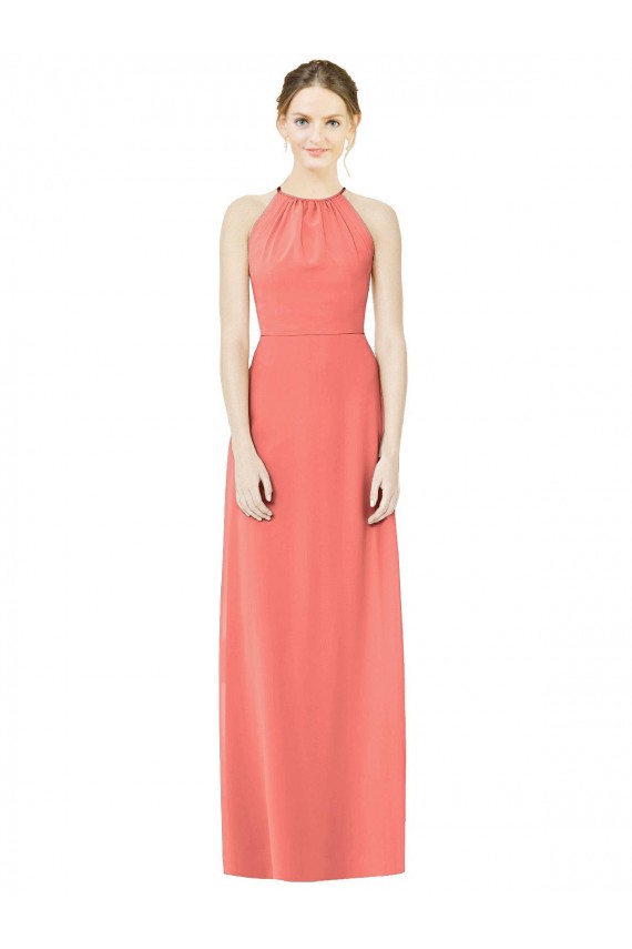 Sleeveless Halter Neck Soft Chiffon Coral Long Bridesmaid Dress Bath