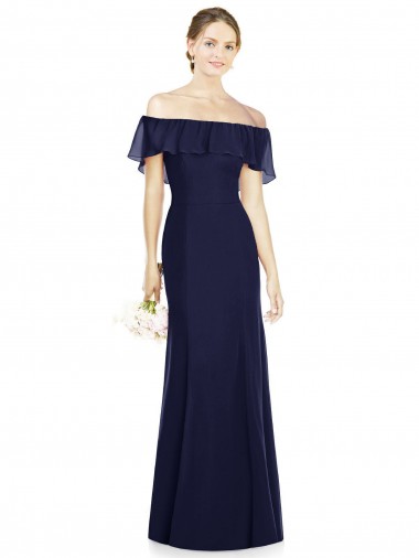 Sleeveless Off the Shoulder Soft Chiffon Dark Navy Long Bridesmaid Dress Bath