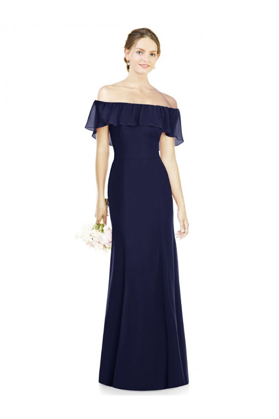 Sleeveless Off the Shoulder Soft Chiffon Dark Navy Long Bridesmaid Dress Bath