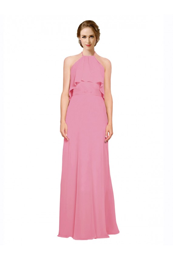 Sleeveless High Neck Soft Chiffon Skin Pink Long Bridesmaid Dress Bath