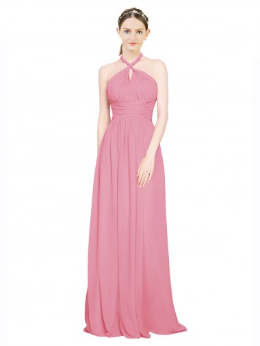 Sleeveless V-Neck Chiffon Skin Pink Long Bridesmaid Dress / Evening Dress Bath