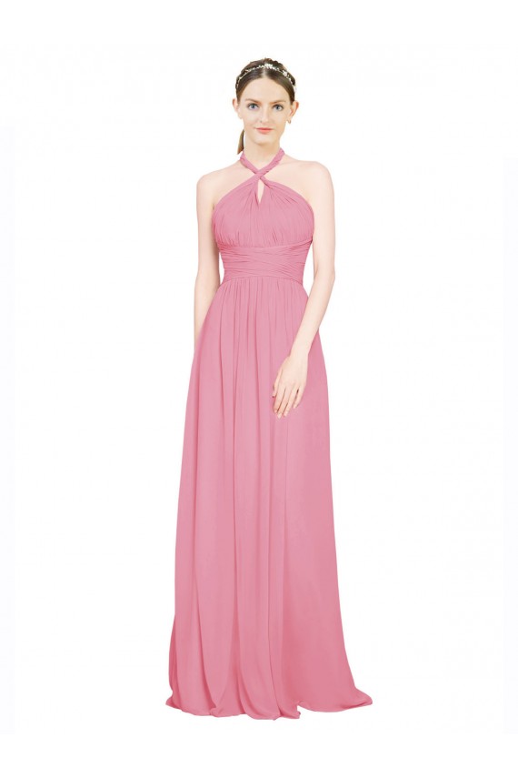 Sleeveless V-Neck Chiffon Skin Pink Long Bridesmaid Dress / Evening Dress Bath