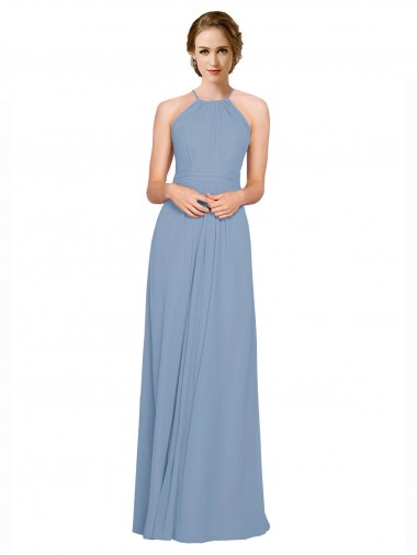 Sleeveless High Neck Chiffon Dusty Blue Long Bridesmaid Dress / Evening Dress Bath