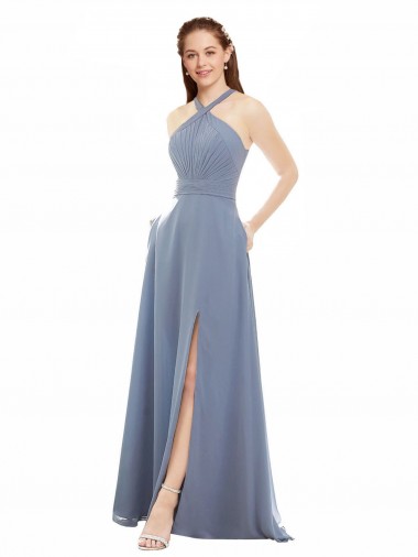 Sleeveless High Neck Soft Chiffon Dusty Blue Long Evening Dress / Bridal Party Dress Bath
