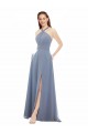 Sleeveless High Neck Soft Chiffon Dusty Blue Long Evening Dress / Bridal Party Dress Bath