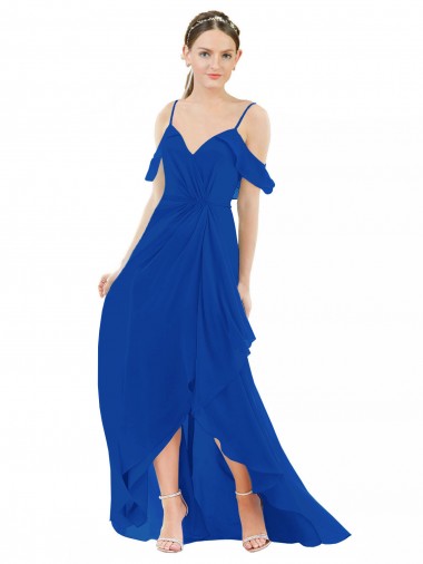 Cold Shoulder V-Neck Soft Chiffon Royal Blue Long High Low Bridesmaid Dress Bath