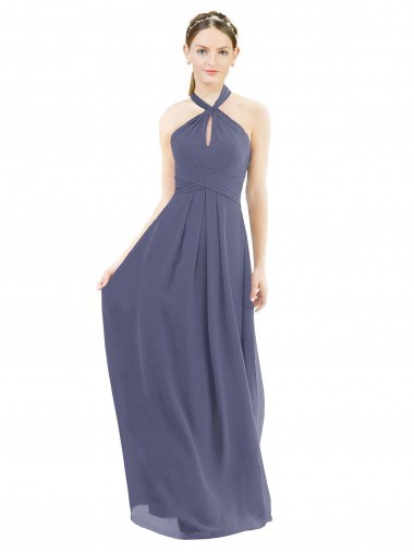Sleeveless Halter Neck Soft Chiffon Silver Stone Long Bridesmaid Dress Bath