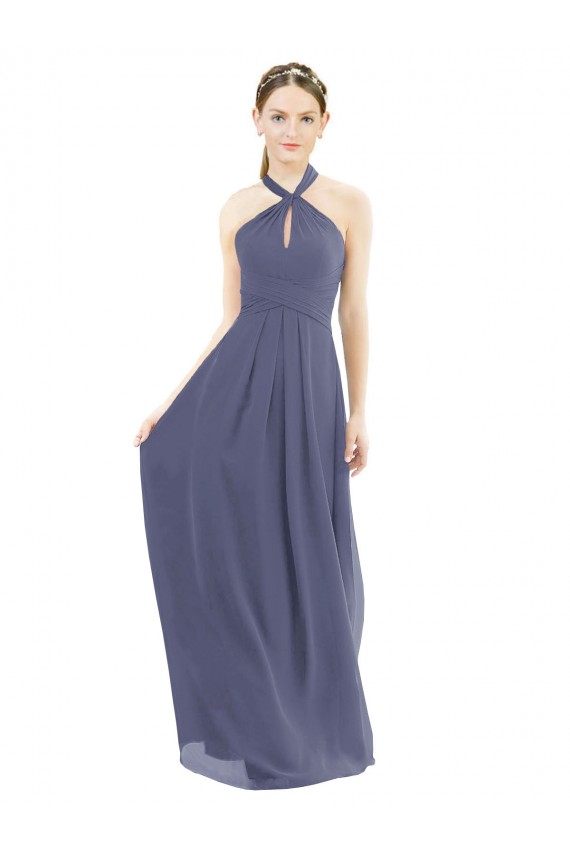 Sleeveless Halter Neck Soft Chiffon Silver Stone Long Bridesmaid Dress Bath