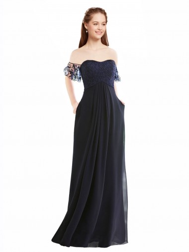 Cap Sleeves V-Neck Soft Chiffon & Lace Dark Navy Long Formal Dress / Bridesmaid Dress Bath