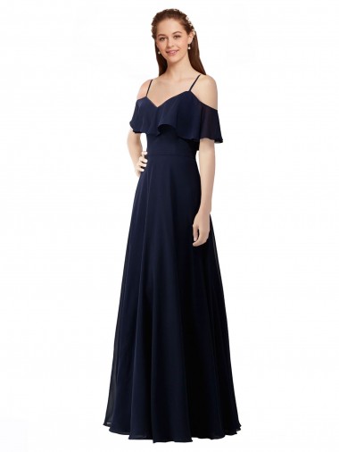 Sleeveless V-Neck Soft Chiffon Dark Navy Long Bridesmaid Dress Bath