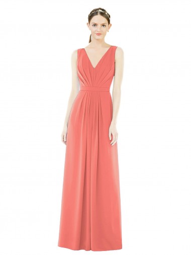 Sleeveless V-Neck Soft Chiffon Coral A-Line Long Bridesmaid Dress Bath