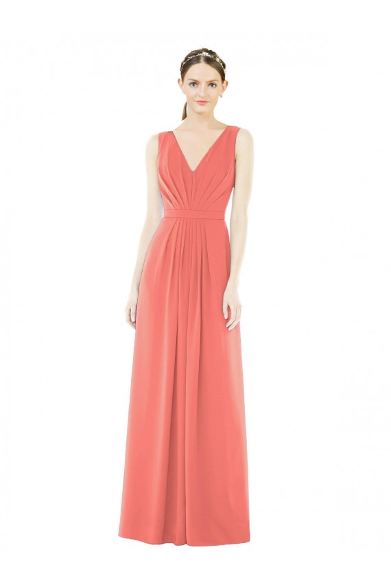 Sleeveless V-Neck Soft Chiffon Coral A-Line Long Bridesmaid Dress Bath