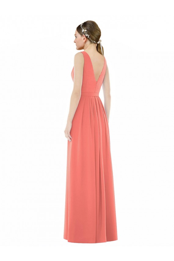 Sleeveless V-Neck Soft Chiffon Coral A-Line Long Bridesmaid Dress Bath