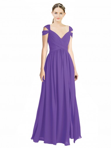 Cap Sleeves Sweetheart Soft Chiffon Purple Long Bridesmaid Dress Bath
