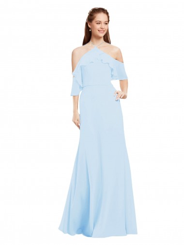 Cold Shoulder Halter Neck Soft Chiffon Light Sky Blue Long Formal Dress / Bridesmaid Dress Bath