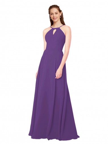 Sleeveless High Neck Soft Chiffon Plum Purple Long Bridesmaid Dress Bath