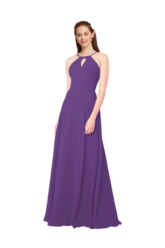 Sleeveless High Neck Soft Chiffon Plum Purple Long Bridesmaid Dress Bath