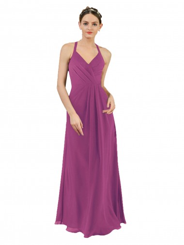 Sleeveless V-Neck Soft Chiffon Wild Berry Sheath Long Bridesmaid Dress Bath