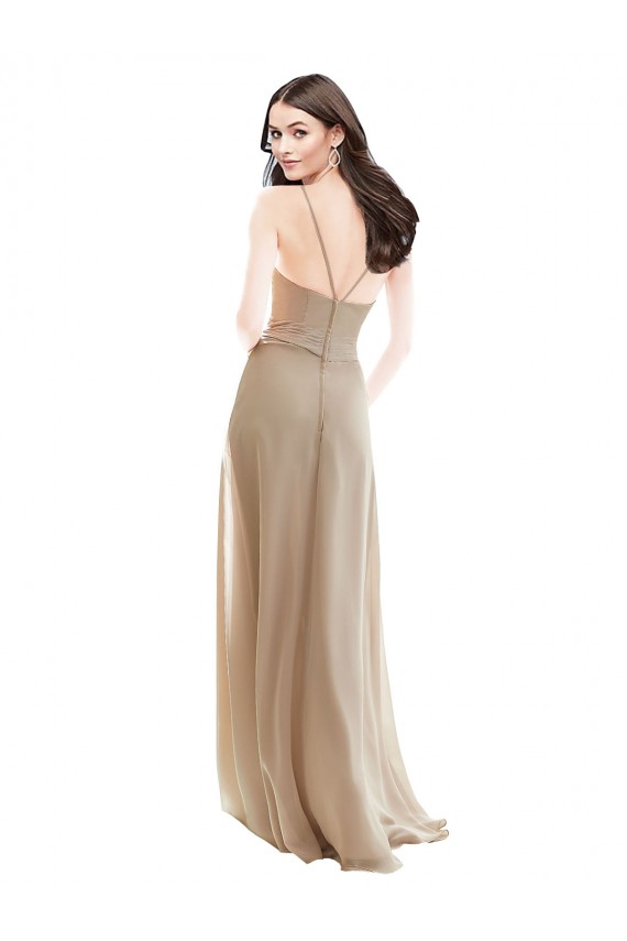 Sleeveless High Neck Soft Chiffon Champagne Long Bridesmaid Dress Bath