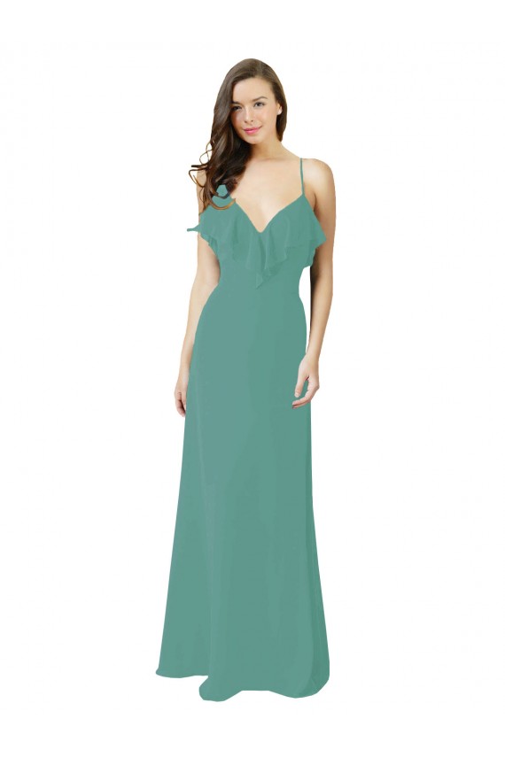 Sleeveless V-Neck Soft Chiffon Icelandic Silver Long Bridesmaid Gown Bath
