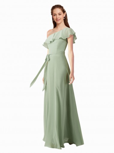 Flutter Sleeves One Shoulder Soft Chiffon Smoke Green Long Bridesmaid Dress Bath