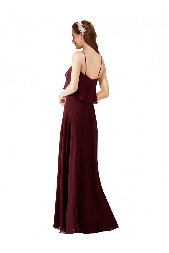Sleeveless Spaghetti Straps Chiffon Burgundy Gold Long Bridesmaid Gowns Bath