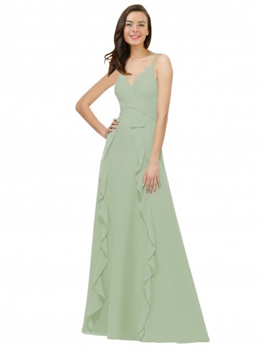 Sleeveless V-Neck Soft Chiffon Smoke Green Long Bridesmaid Dress Bath