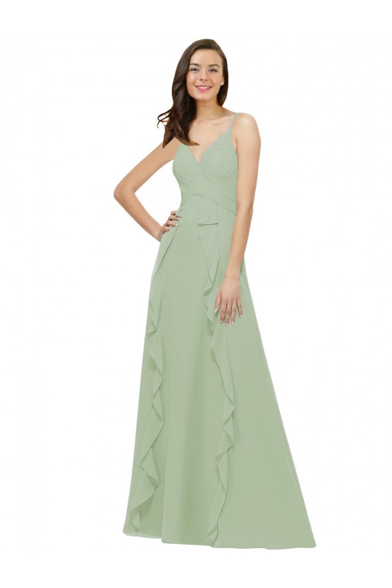 Sleeveless V-Neck Soft Chiffon Smoke Green Long Bridesmaid Dress Bath