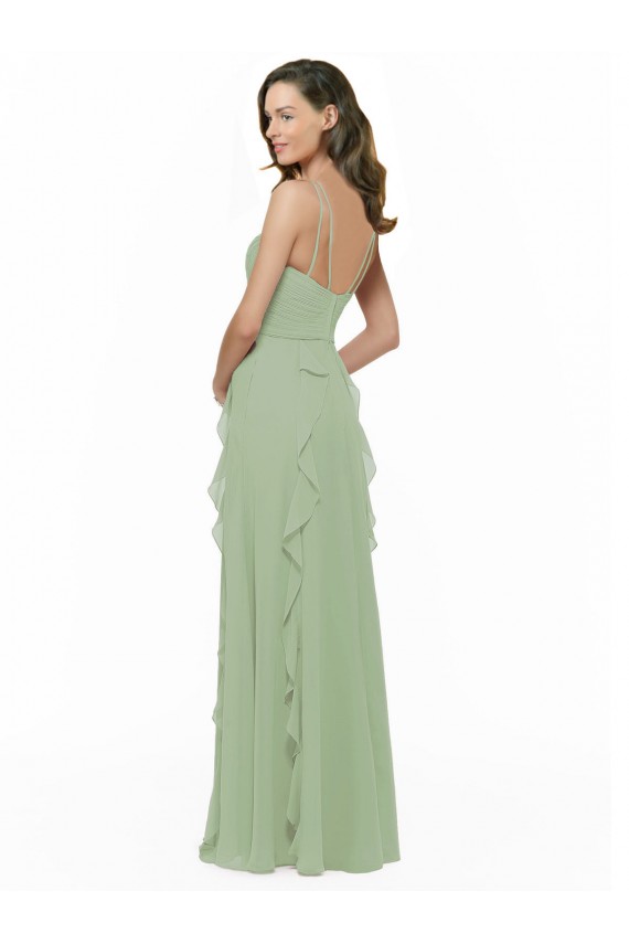Sleeveless V-Neck Soft Chiffon Smoke Green Long Bridesmaid Dress Bath