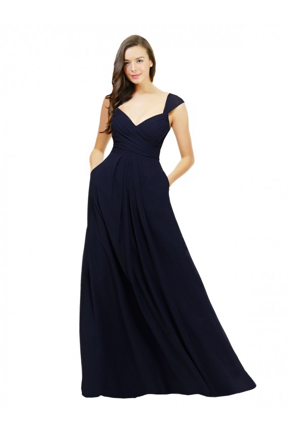 Sleeveless Sweetheart Chiffon Dark Navy Long Bridesmaid Gowns Bath