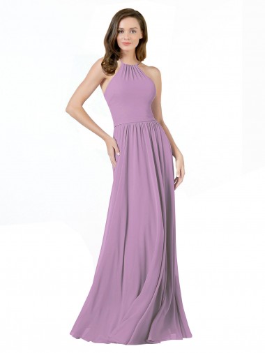 Sleeveless Halter Neck Soft Chiffon Dark Lavender Long Bridesmaid Dress Bath