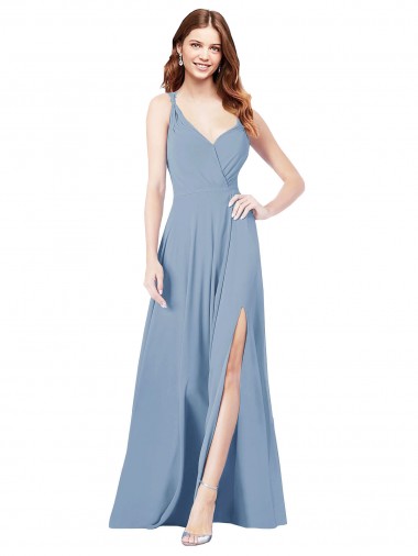 Sleeveless V-Neck Soft Chiffon Dusty Blue Long Formal Dress / Bridesmaid Dress Bath