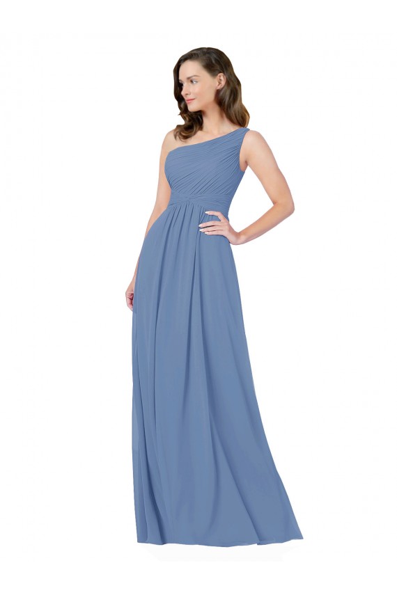 Sleeveless One Shoulder Soft Chiffon Windsor Blue Long Bridesmaid Dress Bath