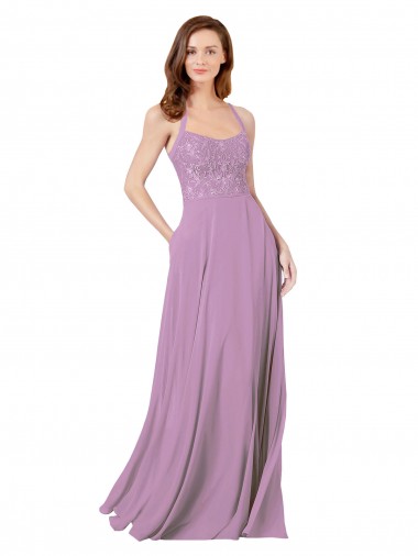 Sleeveless Spaghetti Straps Soft Chiffon & Lace Dark Lavender Long Bridesmaid Dress Bath