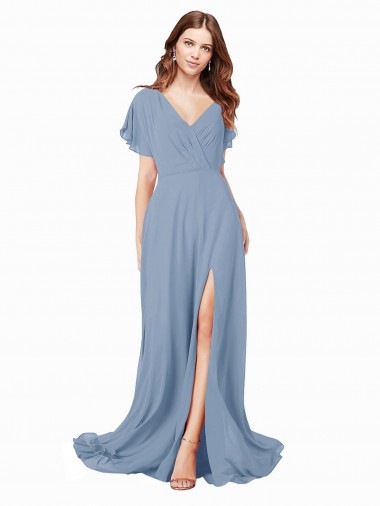 Cap Sleeves V-Neck Soft Chiffon Dusty Blue Long Black Tie Prom Dress / Bridesmaid Dress Bath