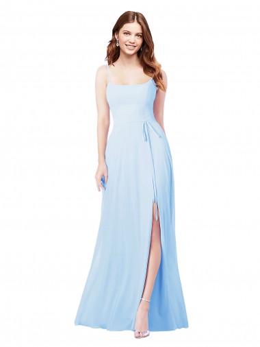 Sleeveless Square Neck Soft Chiffon Light Sky Blue Sheath Long Bridesmaid Dress Bath