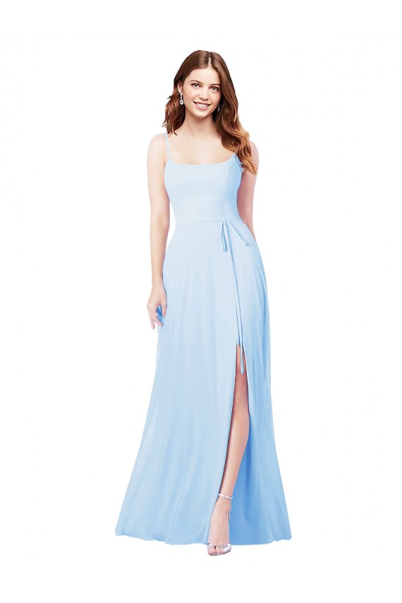 Sleeveless Square Neck Soft Chiffon Light Sky Blue Sheath Long Bridesmaid Dress Bath