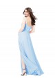 Sleeveless Square Neck Soft Chiffon Light Sky Blue Sheath Long Bridesmaid Dress Bath