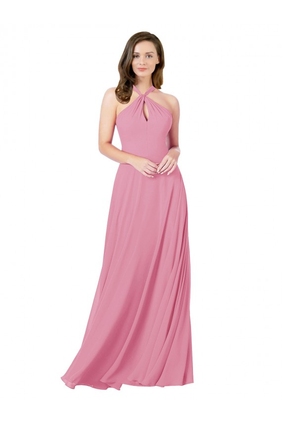 Sleeveless Halter Neck Soft Chiffon Skin Pink Long Prom Dress / Bridesmaid Dress Bath