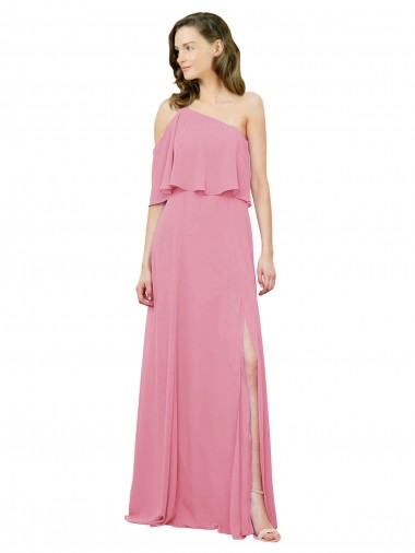Sleeveless One Shoulder Soft Chiffon Skin Pink Long Bridal Party Dress Bath